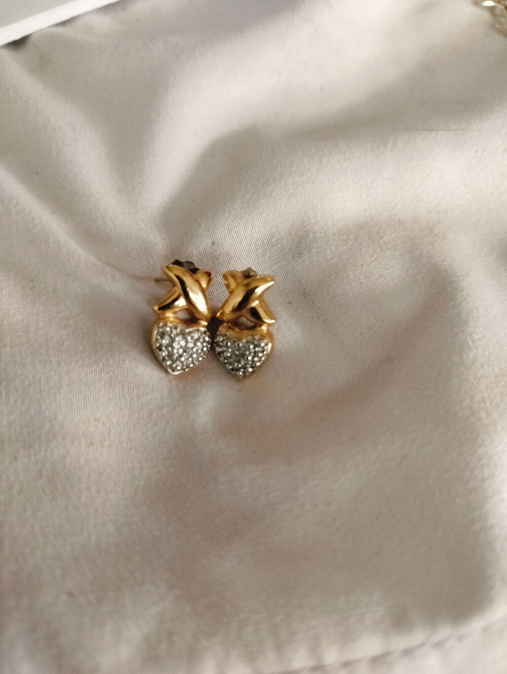 Vintage 925 Gold Vermeil Pave Rhinestone Heart & Ribbon Bow Stud Earrings